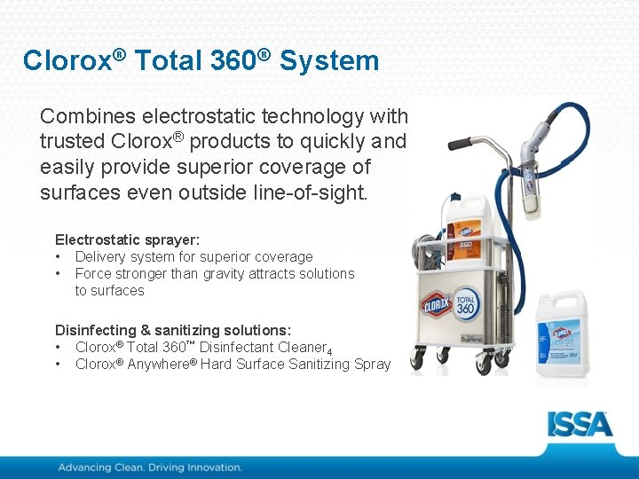 Clorox® Total 360® System Combines electrostatic technology with trusted Clorox® products to quickly and