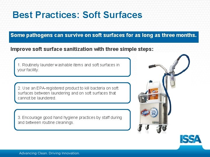 Best Practices: Soft Surfaces Some pathogens can survive on soft surfaces for as long
