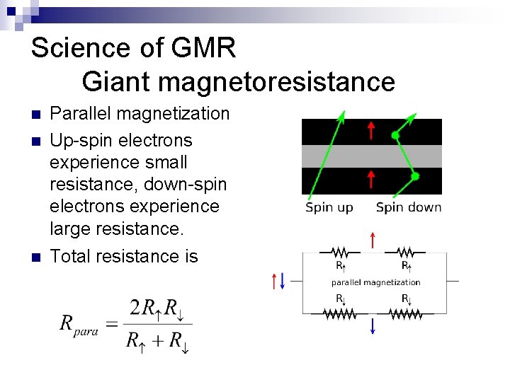 Science of GMR Giant magnetoresistance n n n Parallel magnetization Up-spin electrons experience small