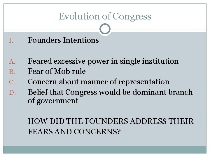 Evolution of Congress I. Founders Intentions A. Feared excessive power in single institution Fear