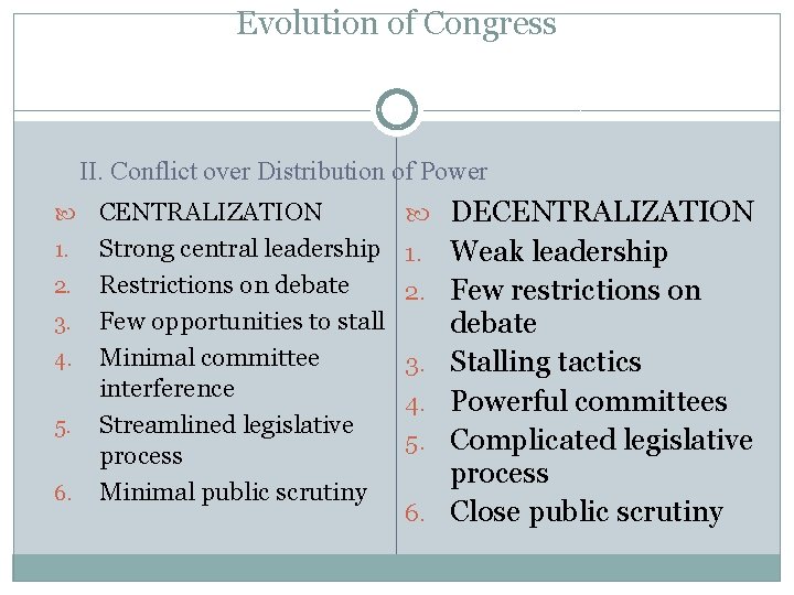 Evolution of Congress II. Conflict over Distribution of Power 1. 2. 3. 4. 5.