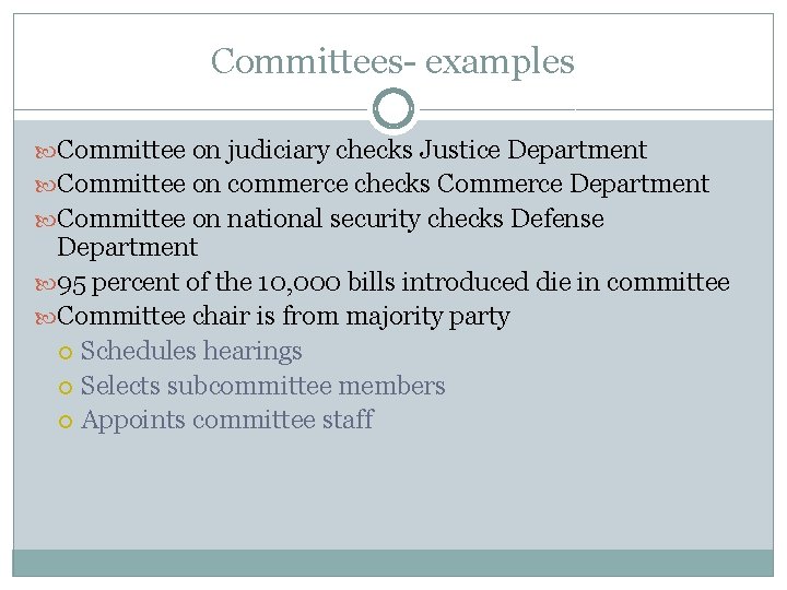 Committees- examples Committee on judiciary checks Justice Department Committee on commerce checks Commerce Department