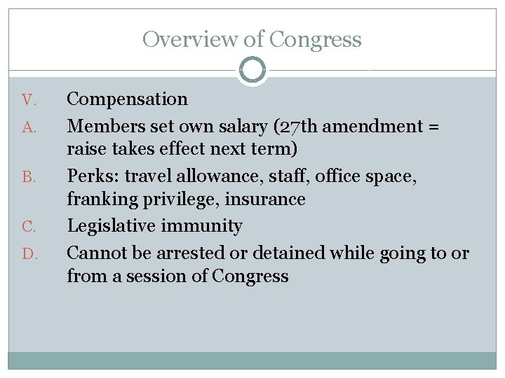 Overview of Congress V. A. B. C. D. Compensation Members set own salary (27