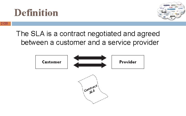 Definition 2 /20 The SLA is a contract negotiated and agreed between a customer