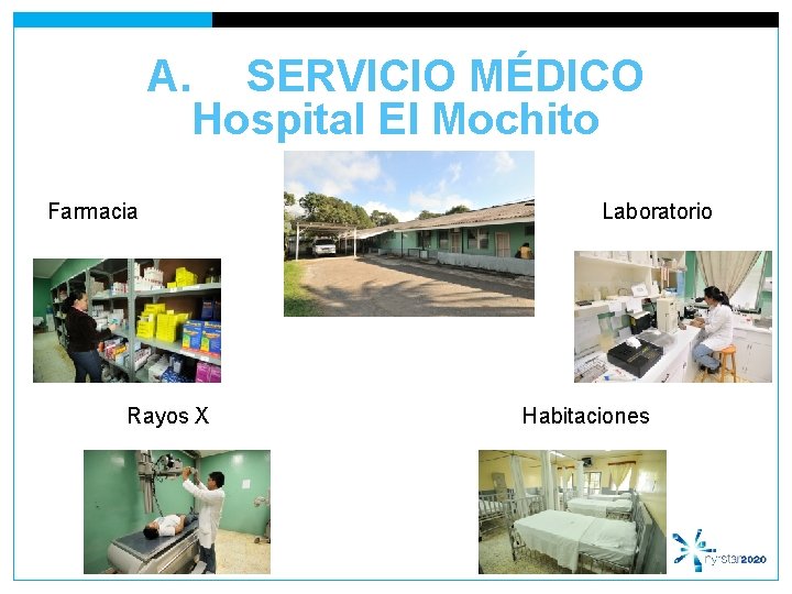  A. SERVICIO MÉDICO Hospital El Mochito Farmacia Rayos X Laboratorio Habitaciones 