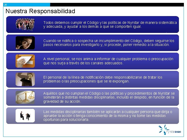  26 Nuestra Responsabilidad Todos debemos cumplir el Código y las políticas de Nyrstar
