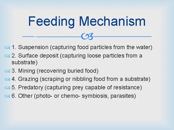 Feeding Mechanism 1. Suspension (capturing food particles from the water) 2. Surface deposit (capturing