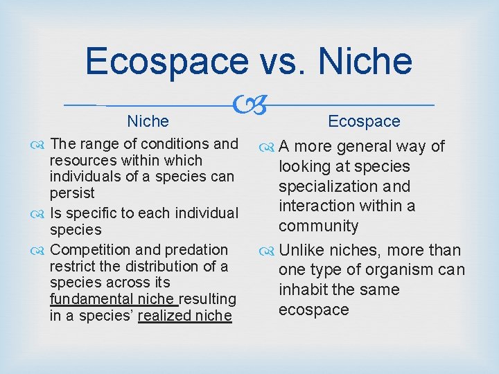 Ecospace vs. Niche Ecospace The range of conditions and A more general way of