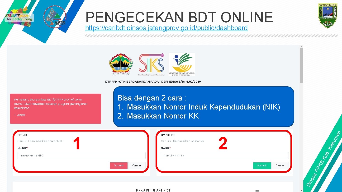 PENGECEKAN BDT ONLINE https: //caribdt. dinsos. jatengprov. go. id/public/dashboard BK ab. K eb um