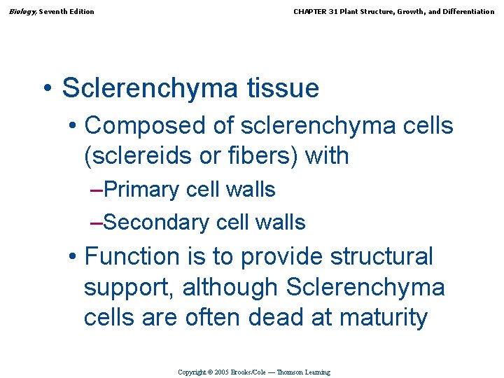 Biology, Seventh Edition CHAPTER 31 Plant Structure, Growth, and Differentiation • Sclerenchyma tissue •