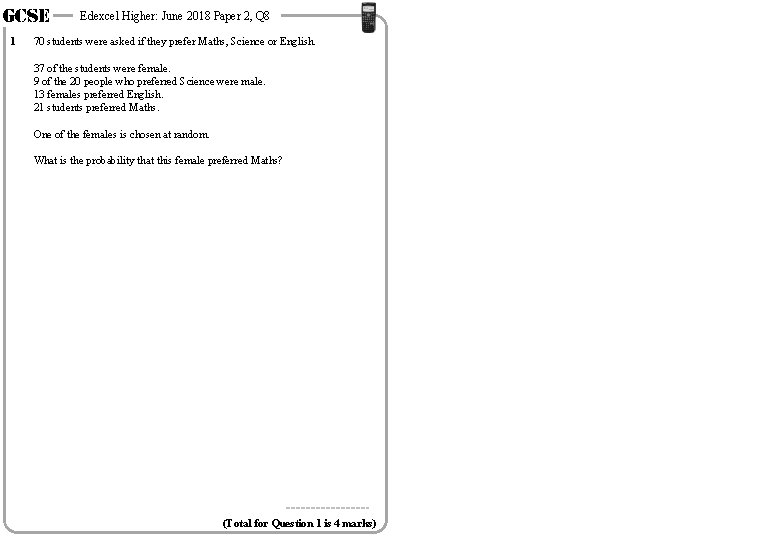 GCSE 1 Edexcel Higher: June 2018 Paper 2, Q 8 70 students were asked