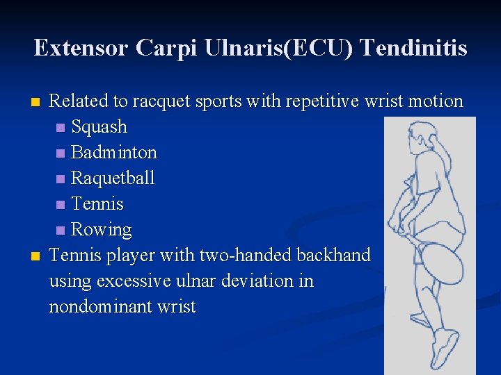 Extensor Carpi Ulnaris(ECU) Tendinitis n n Related to racquet sports with repetitive wrist motion