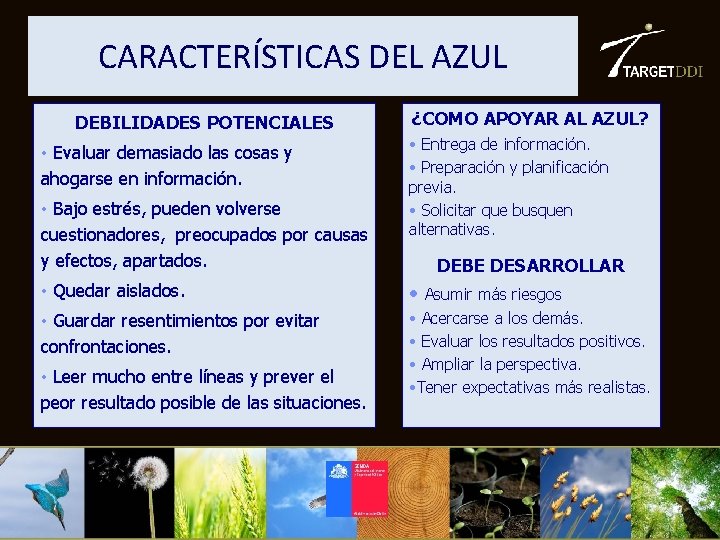 CARACTERÍSTICAS DEL AZUL DEBILIDADES POTENCIALES • Evaluar demasiado las cosas y ahogarse en información.