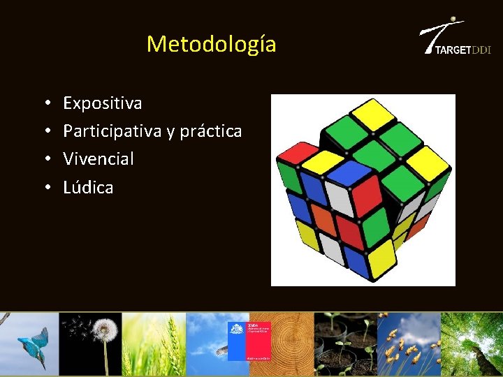 Metodología • • Expositiva Participativa y práctica Vivencial Lúdica 