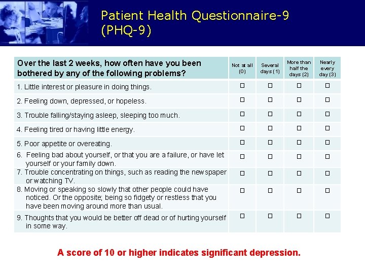 Patient Health Questionnaire-9 (PHQ-9) Over the last 2 weeks, how often have you been