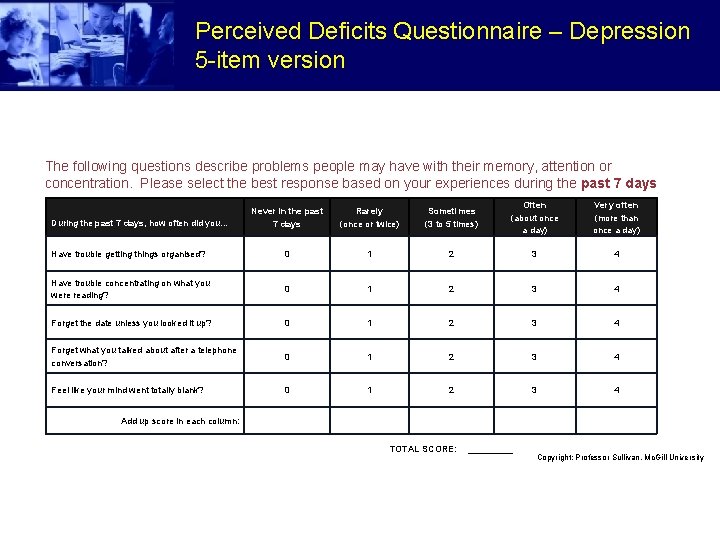 Perceived Deficits Questionnaire – Depression 5 -item version The following questions describe problems people