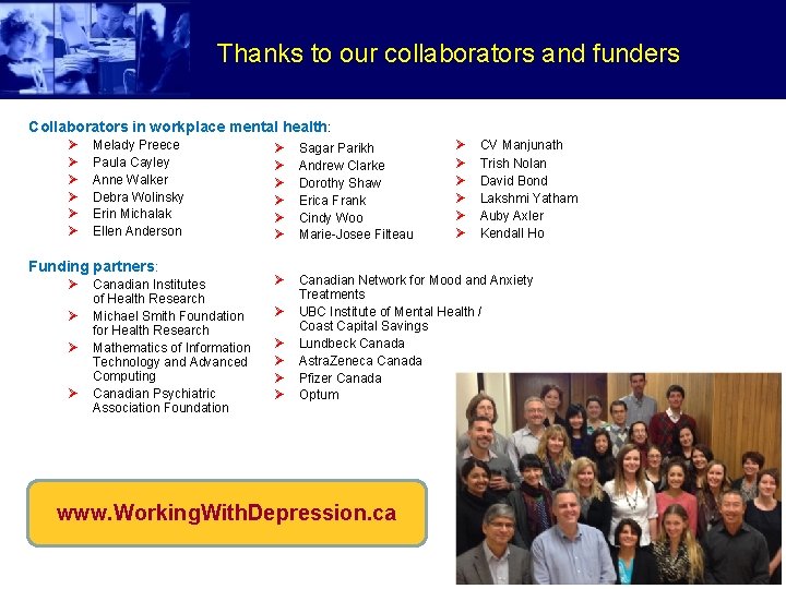 Thanks to our collaborators and funders Collaborators in workplace mental health: Ø Ø Ø