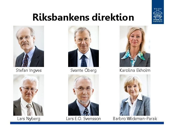 Riksbankens direktion Stefan Ingves Svante Öberg Karolina Ekholm Lars Nyberg Lars E. O. Svensson