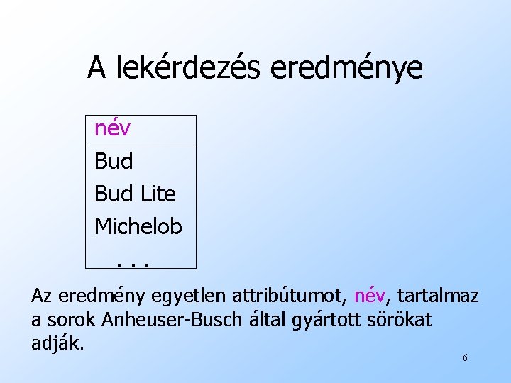 A lekérdezés eredménye név Bud Lite Michelob. . . Az eredmény egyetlen attribútumot, név,