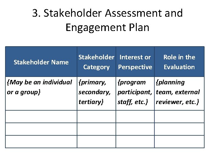 3. Stakeholder Assessment and Engagement Plan Stakeholder Name Stakeholder Interest or Category Perspective Role