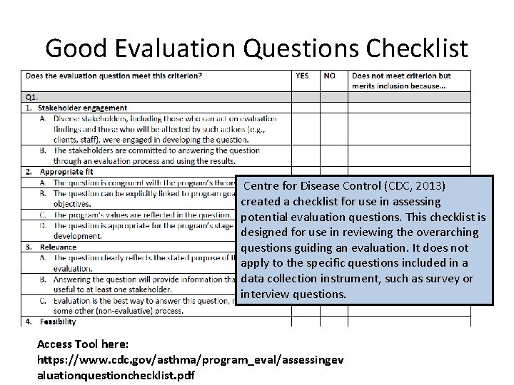 Good Evaluation Questions Checklist Centre for Disease Control (CDC, 2013) created a checklist for
