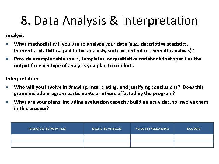 8. Data Analysis & Interpretation Analysis What method(s) will you use to analyze your