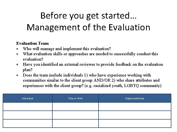 Before you get started… Management of the Evaluation Team Who will manage and implement