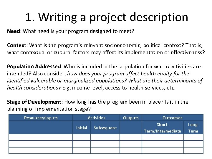 1. Writing a project description Need: What need is your program designed to meet?
