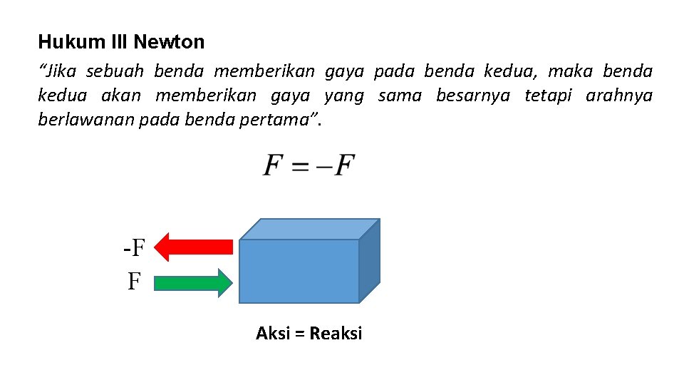 Hukum III Newton “Jika sebuah benda memberikan gaya pada benda kedua, maka benda kedua