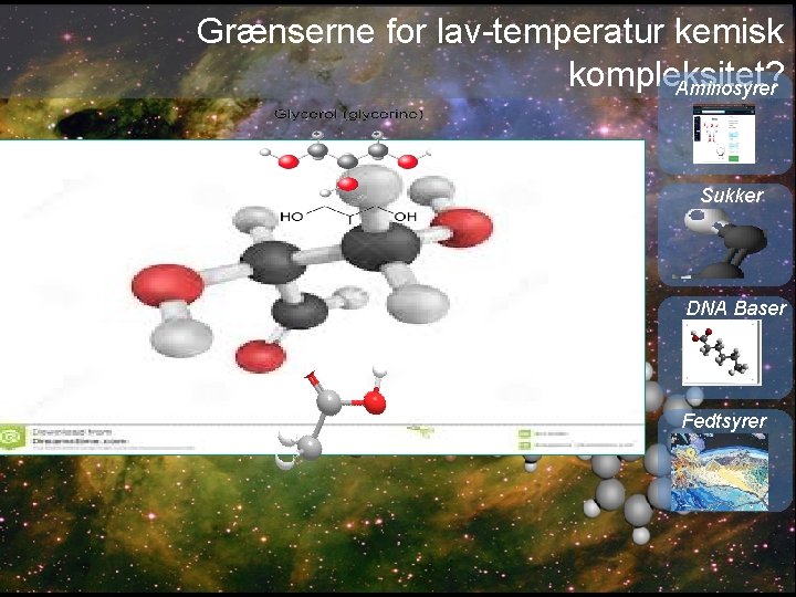 Grænserne for lav-temperatur kemisk kompleksitet? Aminosyrer Sukker DNA Baser Fedtsyrer 