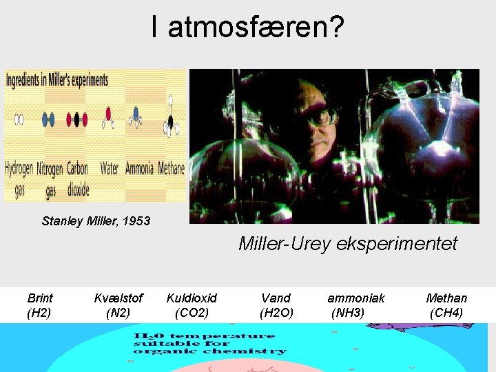 I atmosfæren? Stanley Miller, 1953 Miller-Urey eksperimentet Brint (H 2) Kvælstof (N 2) Kuldioxid