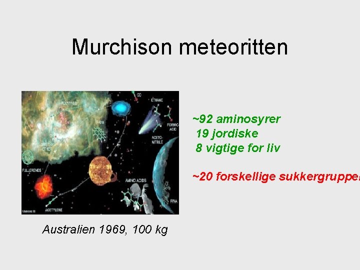 Murchison meteoritten ~92 aminosyrer 19 jordiske 8 vigtige for liv ~20 forskellige sukkergrupper Australien