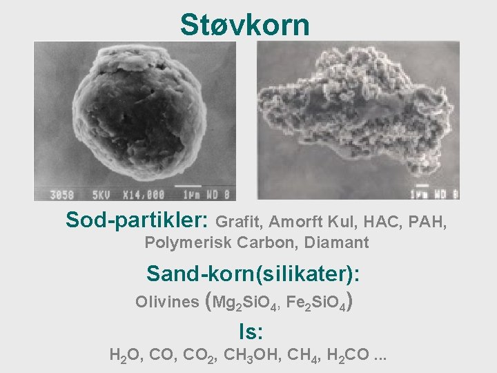 Støvkorn Sod-partikler: Grafit, Amorft Kul, HAC, PAH, Polymerisk Carbon, Diamant Sand-korn(silikater): Olivines (Mg 2