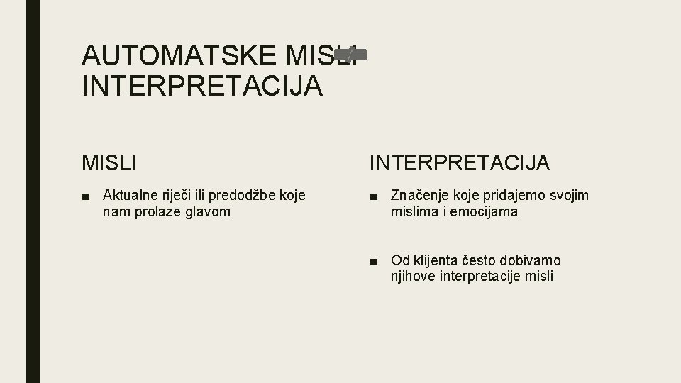 AUTOMATSKE MISLI INTERPRETACIJA ■ Aktualne riječi ili predodžbe koje nam prolaze glavom ■ Značenje