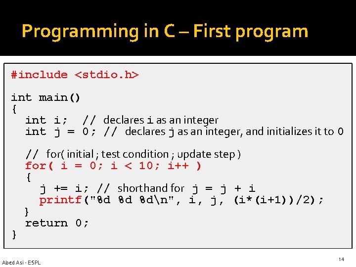 Programming in C – First program #include <stdio. h> int main() { int i;