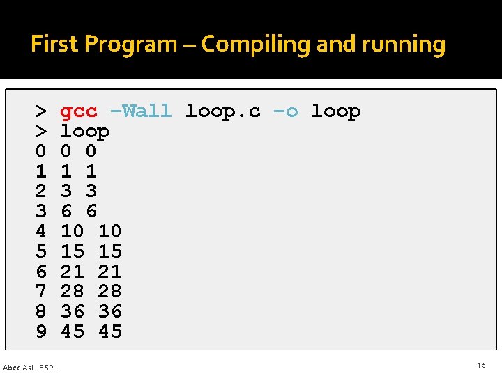 First Program – Compiling and running > > 0 1 2 3 4 5 First Program – Compiling and running > > 0 1 2 3 4 5