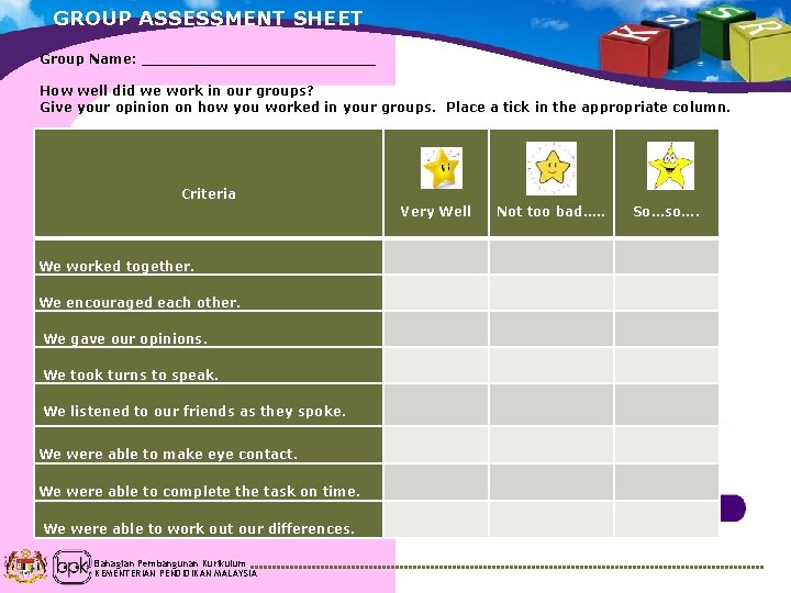 GROUP ASSESSMENT SHEET Group Name: _____________ How well did we work in our groups?