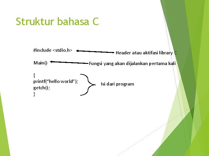 Struktur bahasa C #include <stdio. h> Main() { printf(“hello world”); getch(); } Header atau