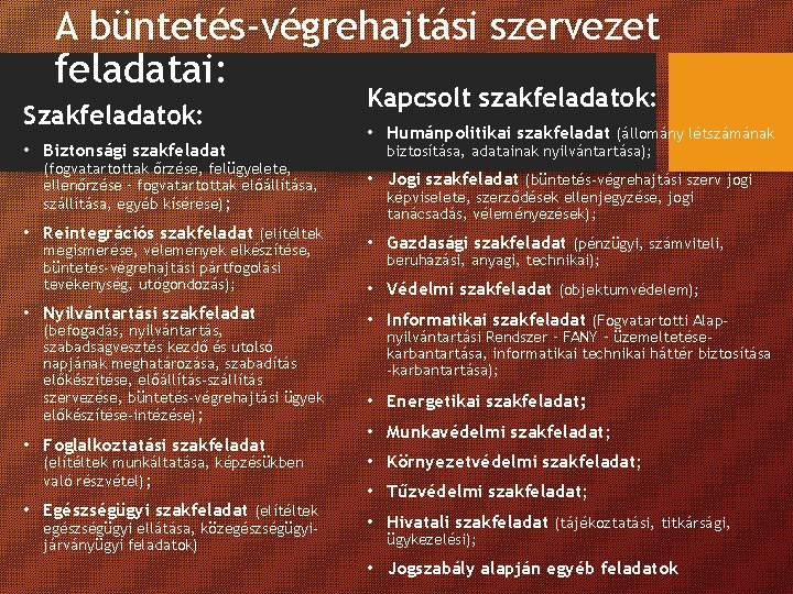 A büntetés-végrehajtási szervezet feladatai: Szakfeladatok: • Biztonsági szakfeladat (fogvatartottak őrzése, felügyelete, ellenőrzése – fogvatartottak