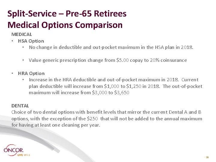 Split-Service – Pre-65 Retirees Medical Options Comparison MEDICAL • HSA Option • No change Split-Service – Pre-65 Retirees Medical Options Comparison MEDICAL • HSA Option • No change