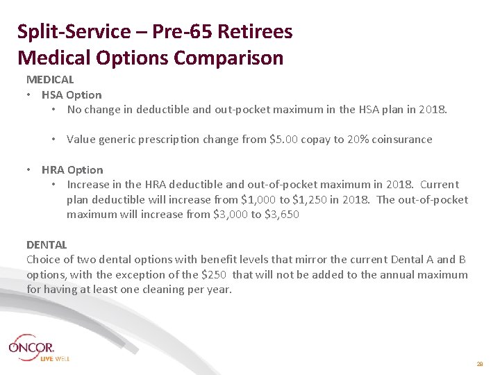 Split-Service – Pre-65 Retirees Medical Options Comparison MEDICAL • HSA Option • No change