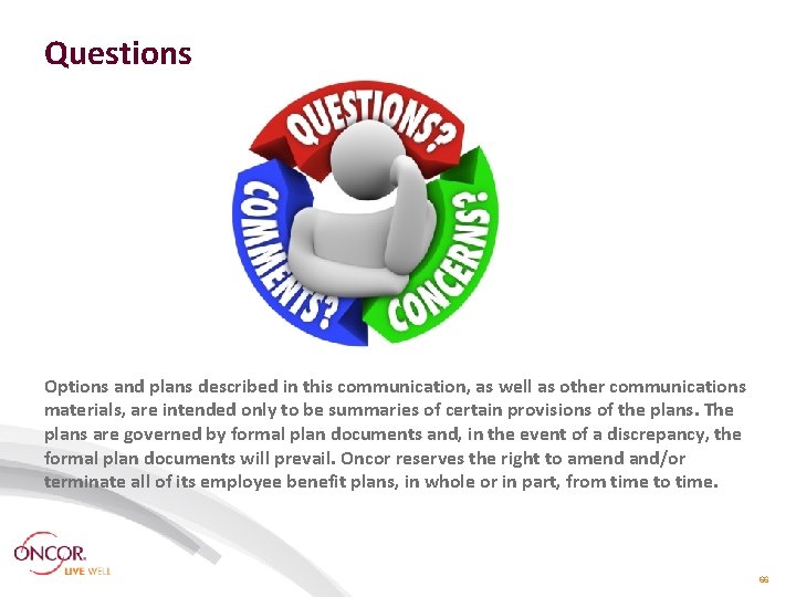 Questions Options and plans described in this communication, as well as other communications materials, Questions Options and plans described in this communication, as well as other communications materials,
