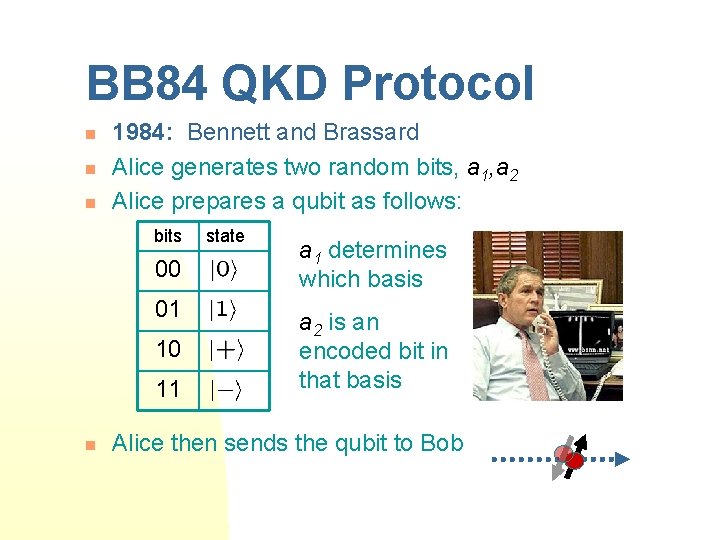 BB 84 QKD Protocol n n n 1984: Bennett and Brassard Alice generates two