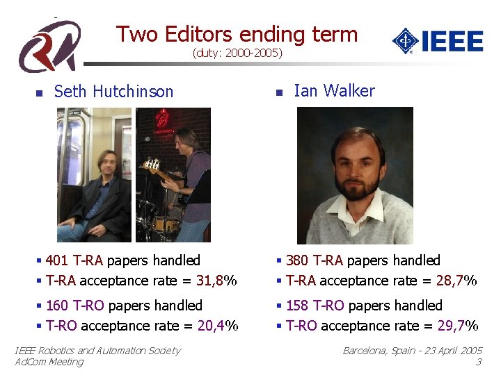 Two Editors ending term (duty: 2000 -2005) n Seth Hutchinson n Ian Walker §