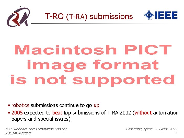T-RO (T-RA) submissions § robotics submissions continue to go up § 2005 expected to