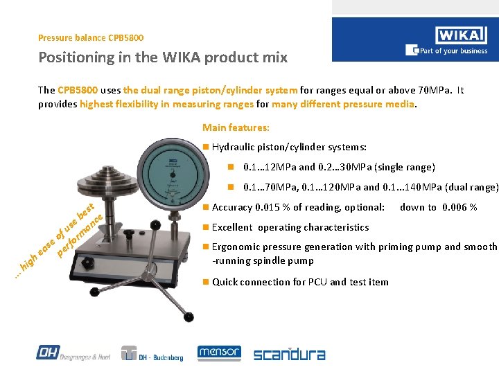 Pressure balance CPB 5800 Positioning in the WIKA product mix The CPB 5800 uses