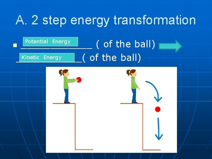 A. 2 step energy transformation ______ ( of the ball) Kinetic Energy ______( of