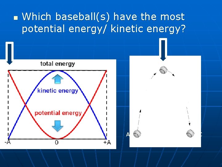 n Which baseball(s) have the most potential energy/ kinetic energy? B A C 