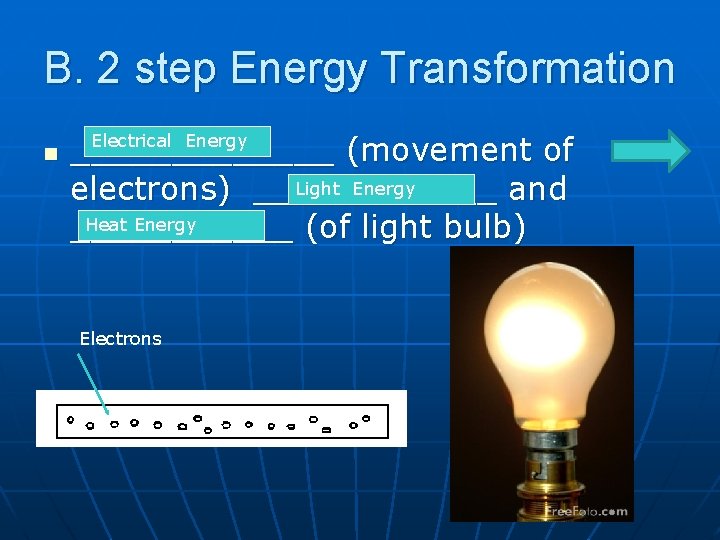 B. 2 step Energy Transformation n _______ (movement of Light Energy electrons) ______ and