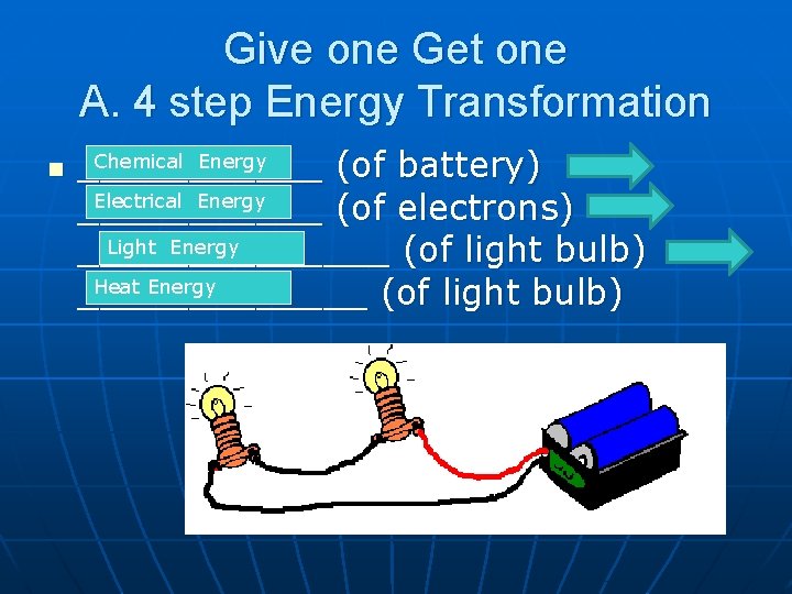 Give one Get one A. 4 step Energy Transformation n Chemical Energy ______ (of